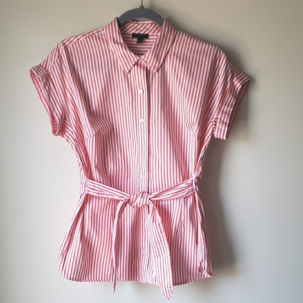 Talbots Orange and White Button Down Short Sleeve Shirt with Tie Waist